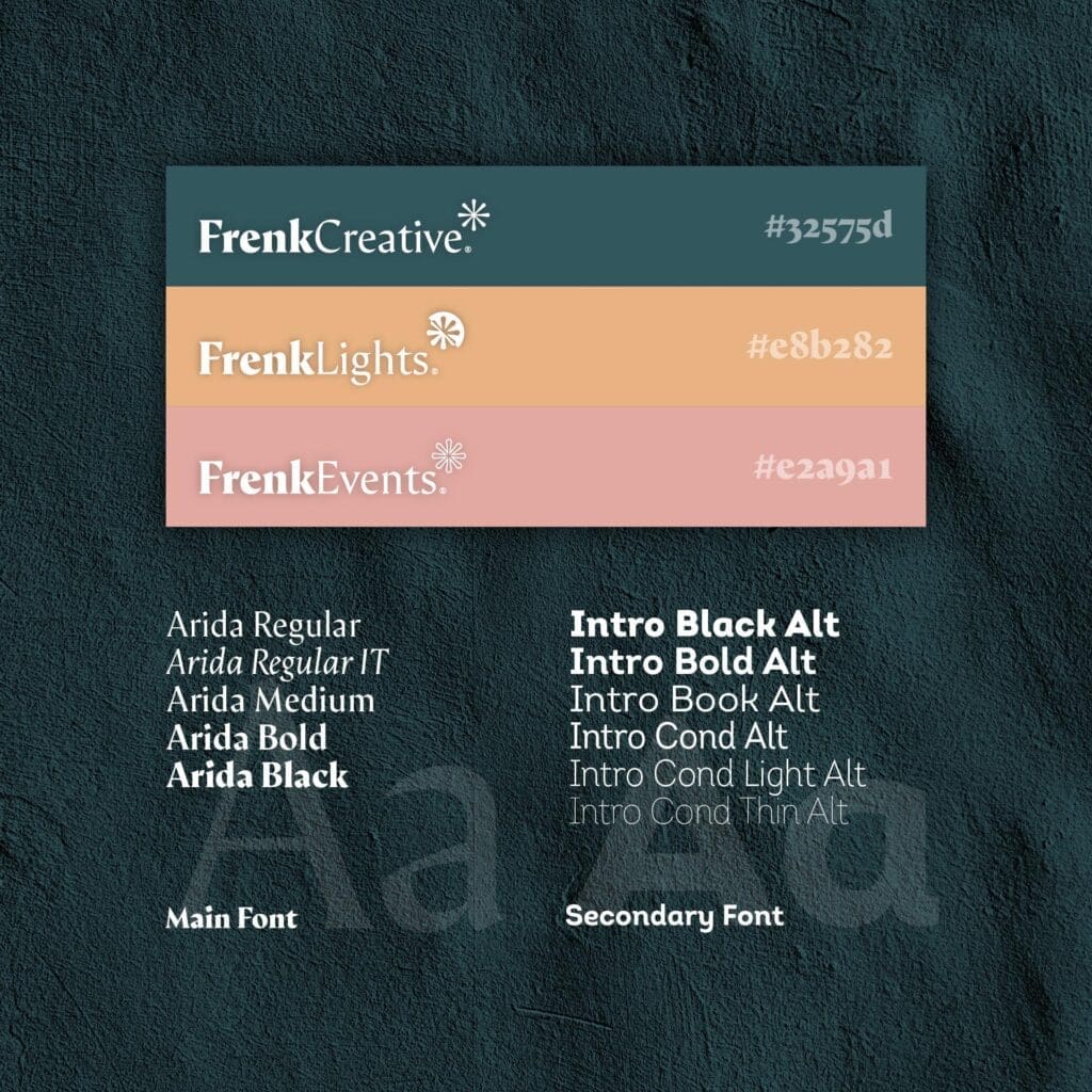 A creative brand agency blends an inspiring color palette with dynamic typography, embodying FrenkCreative’s event branding essence.