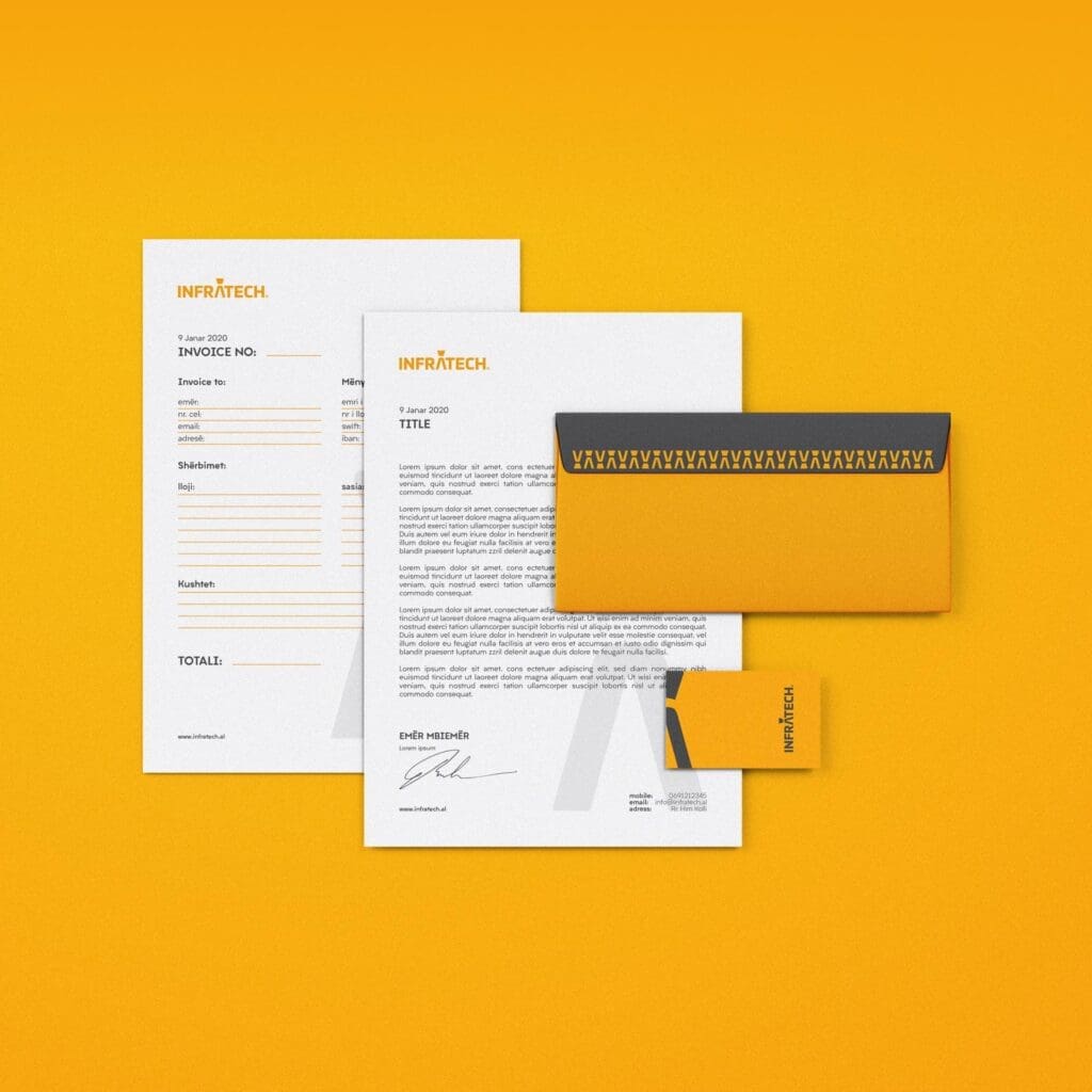 Branding firm designs sophisticated stationery for Infratech, aligning with the brand’s precision and legacy.