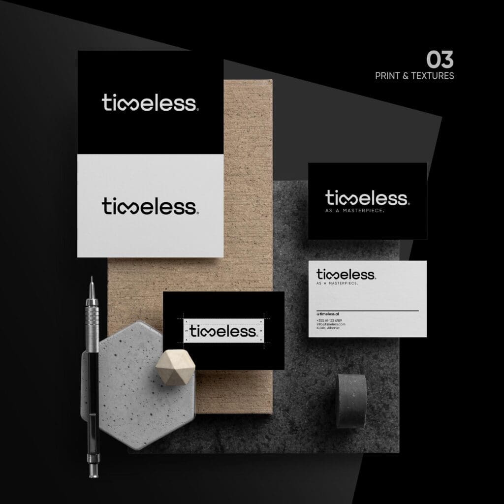 Branding firm designs sophisticated stationery for Timeless, ensuring the brand's minimalist ethos is clearly communicated.