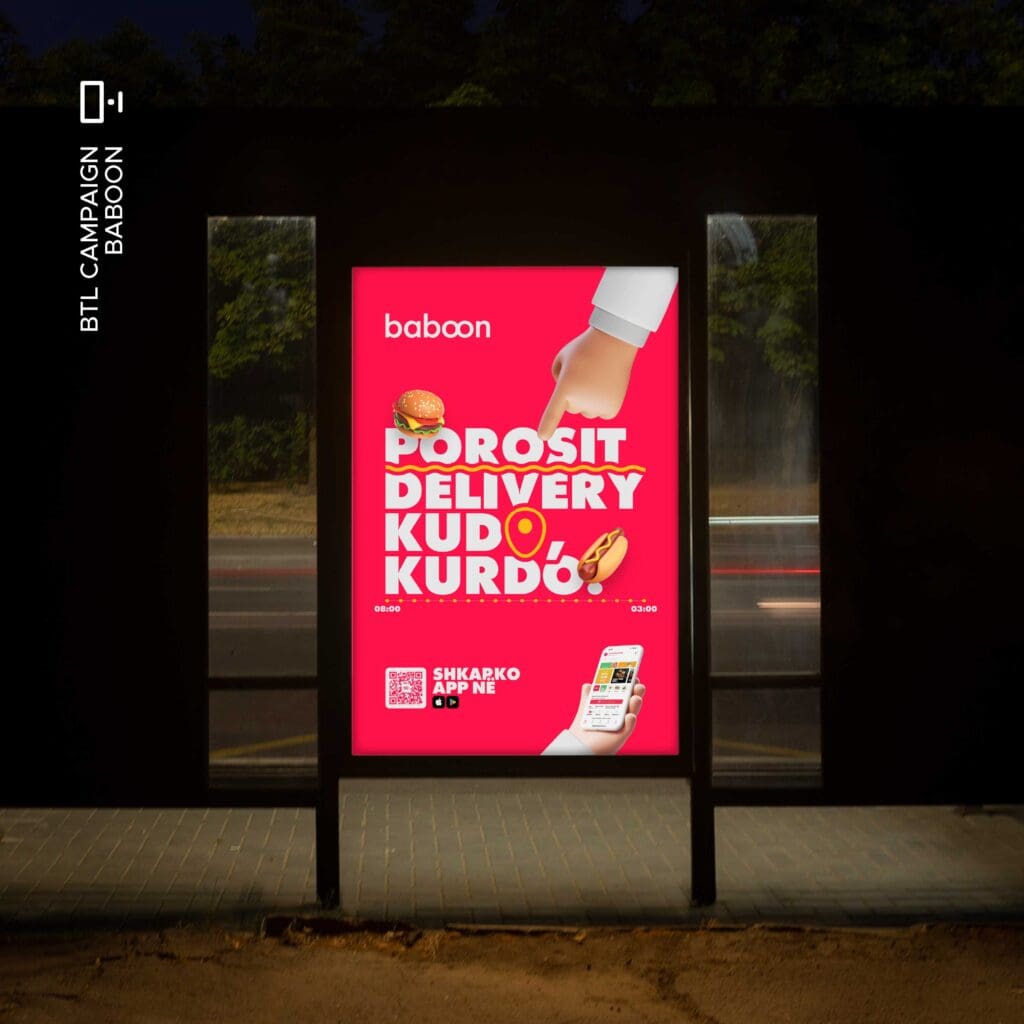Advertising company places bold, red Baboon Delivery ads across strategic urban locations, catching every eye.