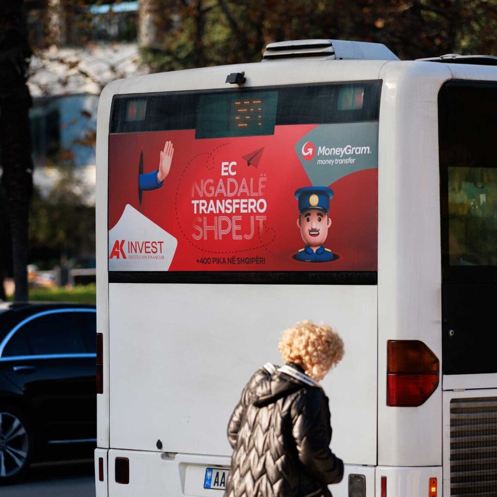 Advertising company utilizes transit ads for AK Invest, moving the message of quick, secure transactions through urban areas.