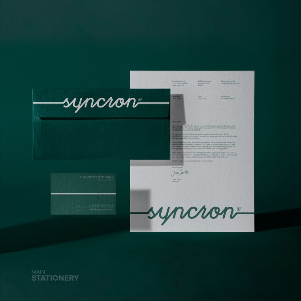 A creative agency develops Syncron branded materials, ensuring every item echoes the brand’s streamlined property management approach.