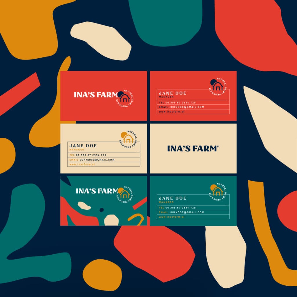Elegant business cards by a branding firm, featuring Ina's Farm logo and green accents