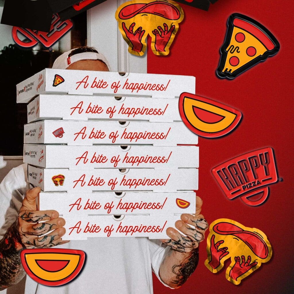 Branding agency rolls out Happy Pizza’s marketing materials, characterized by lively colors and appetizing pizza imagery.