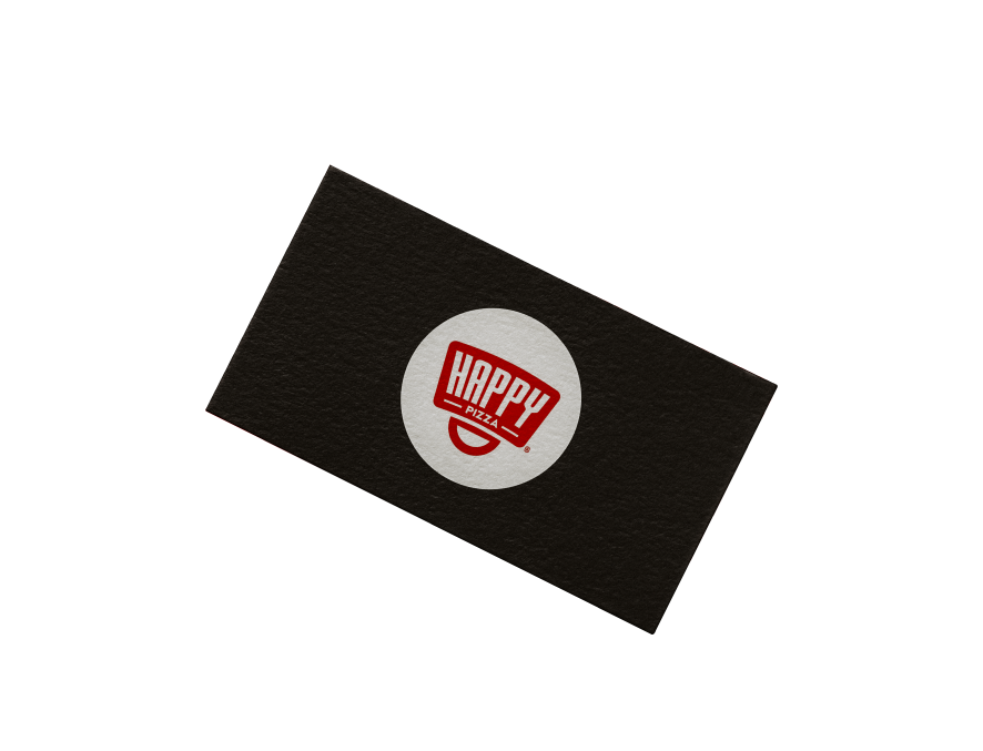 Branding agency designs Happy Pizza’s business cards, offering a taste of the brand's joyous essence at first glance.