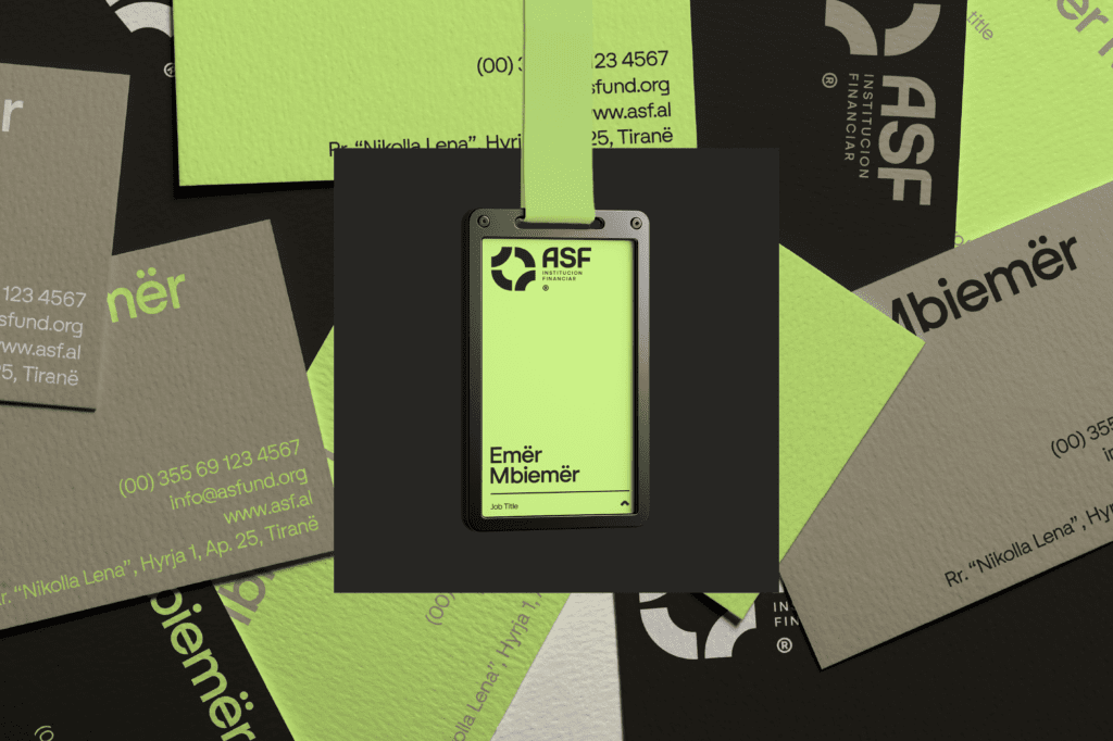 ASF brand identity stationery and employee badge design by marketing agency in Tirana