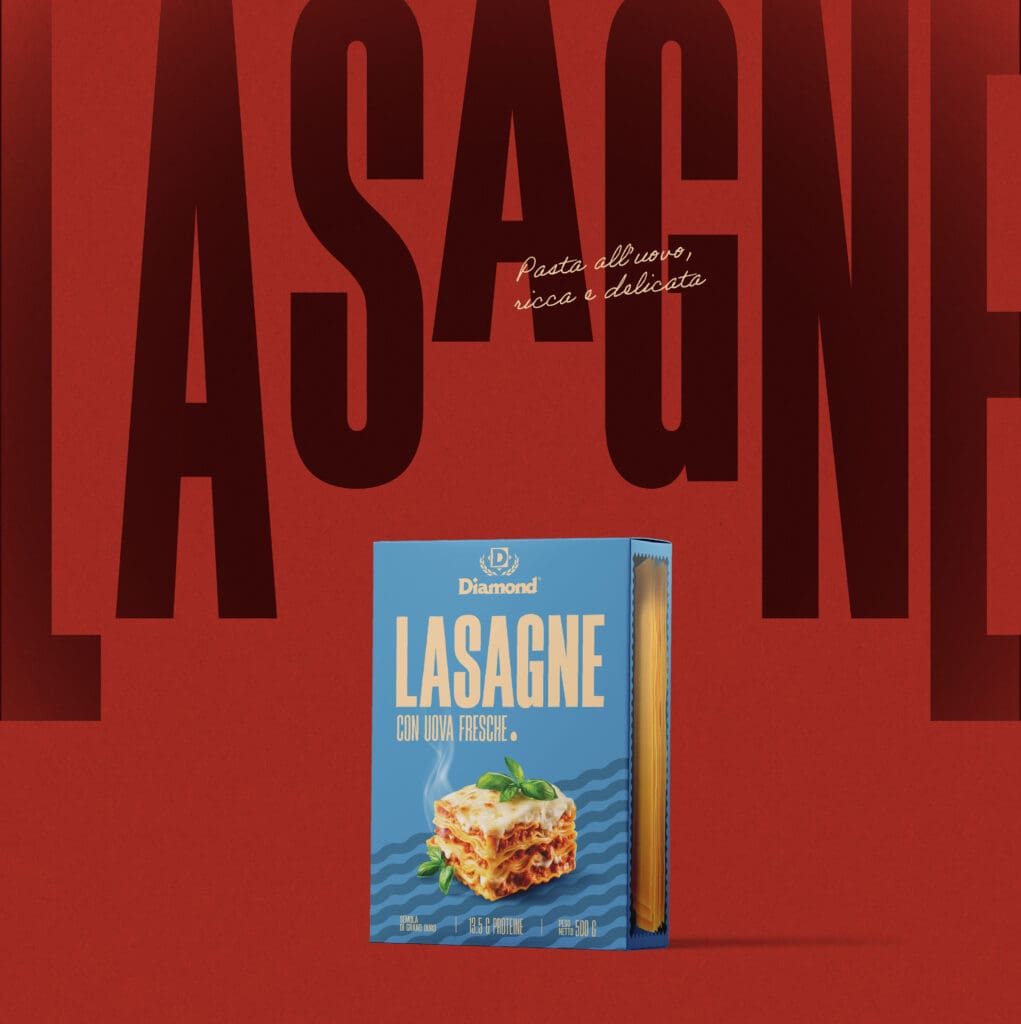 Diamond Lasagne packaging design with bold red background and large typographic layout
