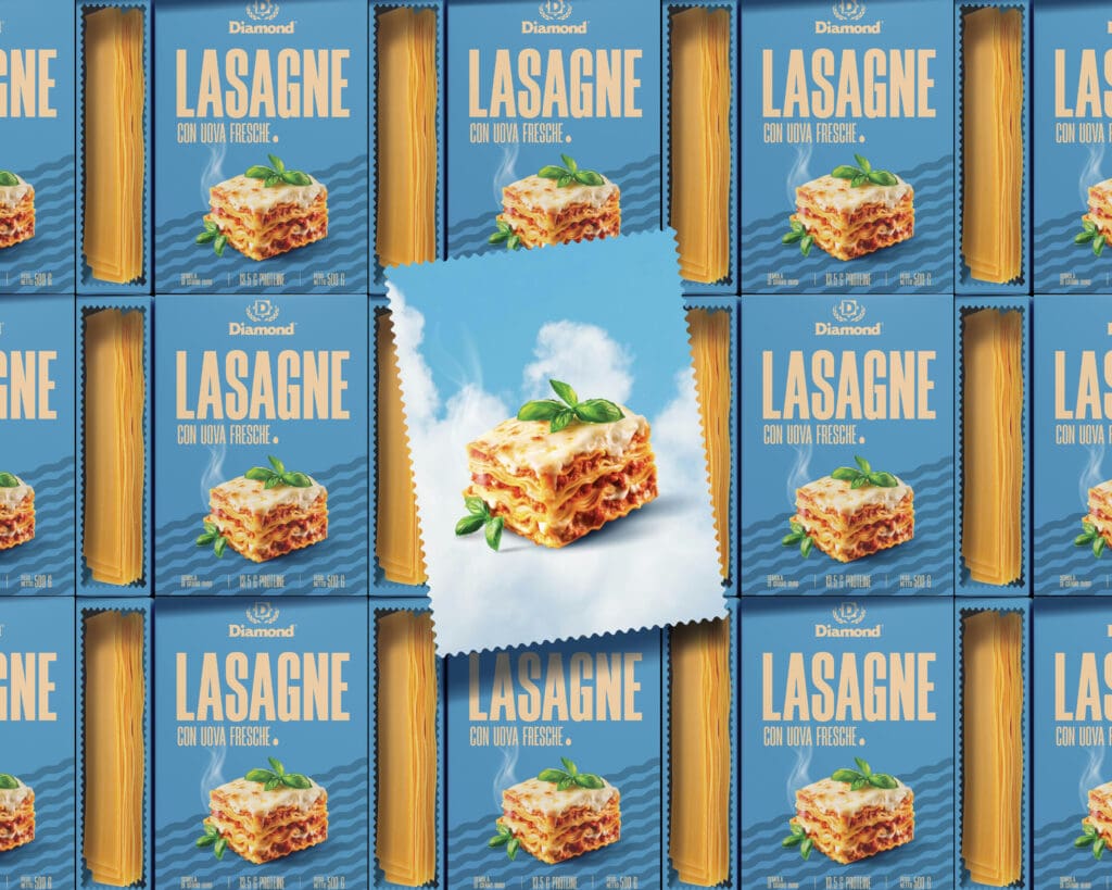 Diamond lasagne food packaging design system developed by BoldCrest advertising agency