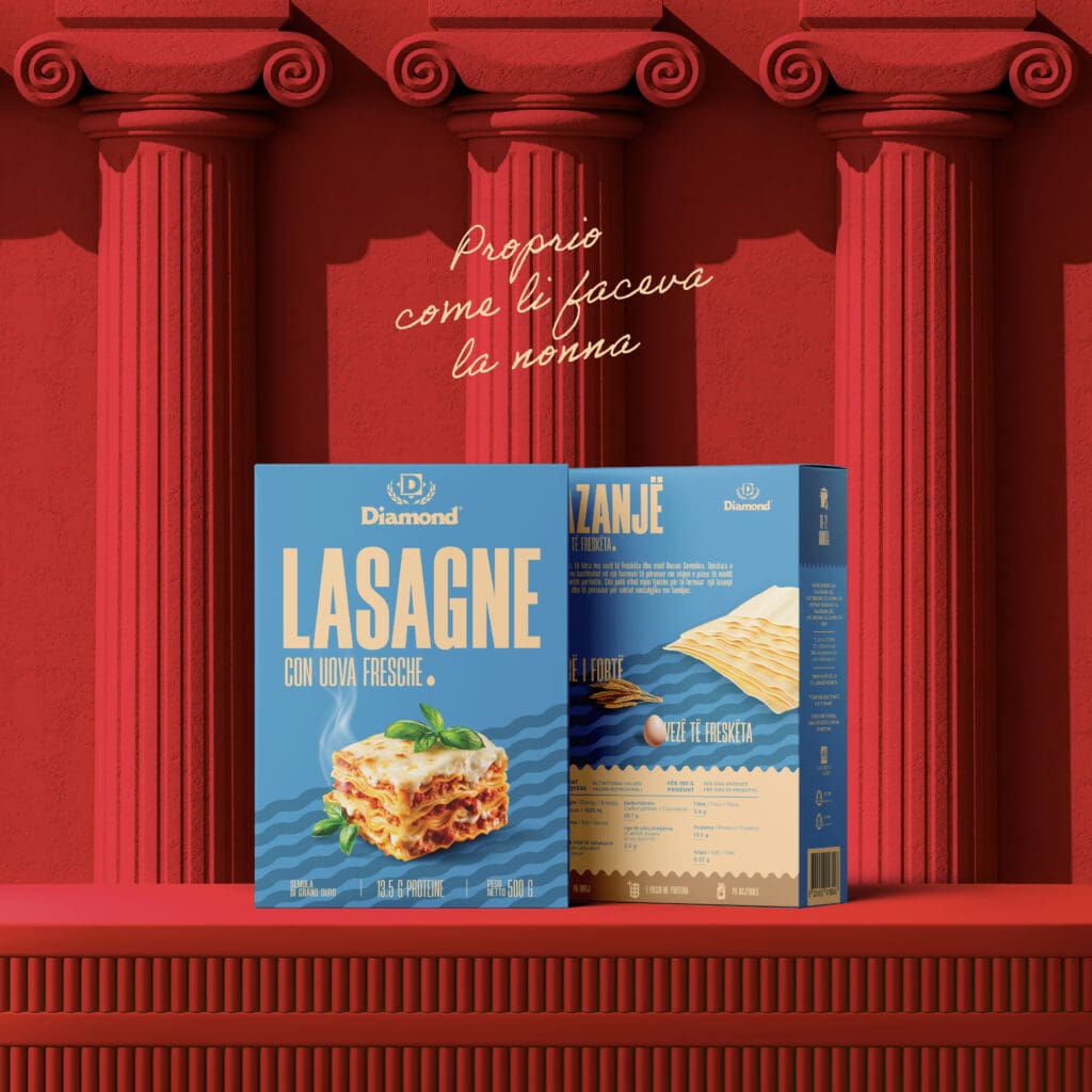Diamond lasagne packaging design displayed in red architectural setting